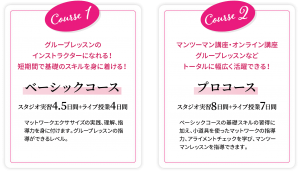 ベーシックコース。グループレッスンの インストラクターになれる！短期間で基礎のスキルを身に着ける！ プロコース。マンツーマン講座・オンライン講座 グループレッスンなど トータルに幅広く活躍できる！